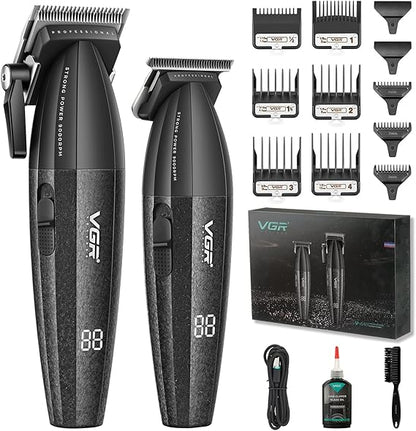 VGR 640 Professional Hair Clippers for Men, Cordless Barber Clippers and Trimmers Set, Zero Gap T-Blade Hair Cutting Kit, DLC Coated Ceramic Blade Barber Kit with LED Display(Black