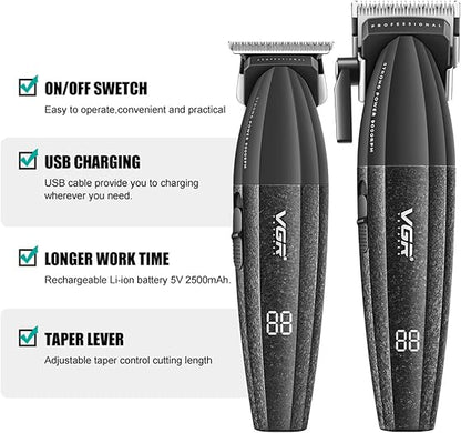 VGR 640 Professional Hair Clippers for Men, Cordless Barber Clippers and Trimmers Set, Zero Gap T-Blade Hair Cutting Kit, DLC Coated Ceramic Blade Barber Kit with LED Display(Black